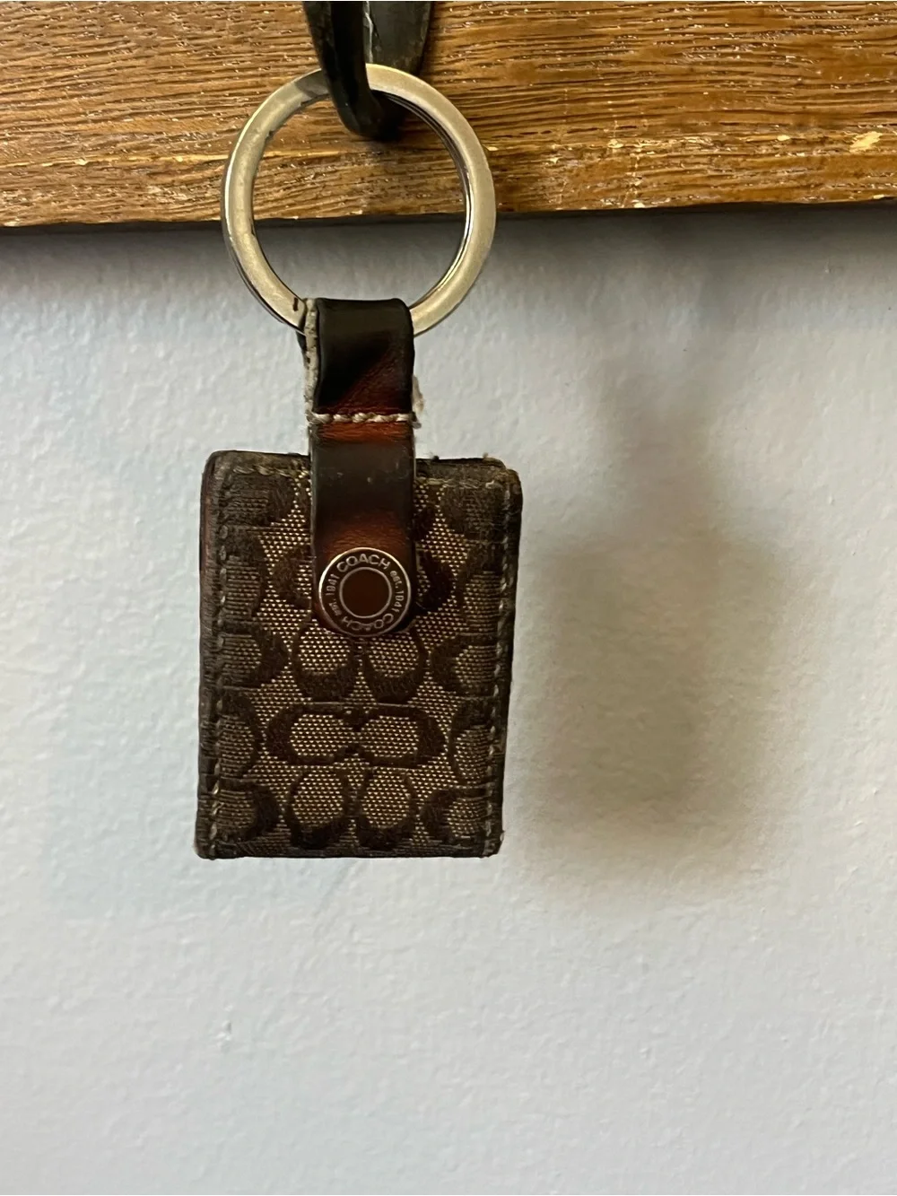 Vintage Coach Signature Mini ID Holder Keychain Wallet Fob Brown Canvas Leather